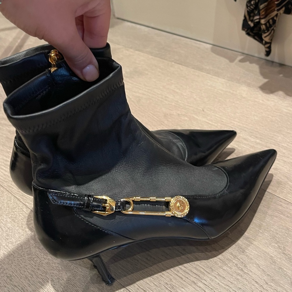 Versace Black Pointed Toe Leather Ankle Heels with Gold Medallion